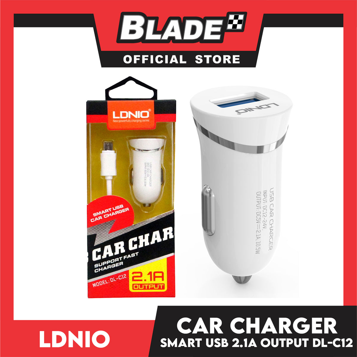 Ldnio Car Charger 2.1A Output Single USB Port DL-C12 (White) Charging for Phone, Pad, Smart Phones, Mp4, PSP, GPS, Bluetooth device and Tablets Charge