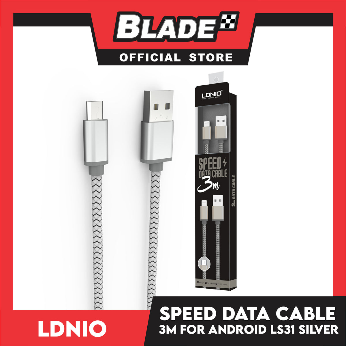 Ldnio Speed Data Cable 3M 2.1A Output Max Micro USB LS31 (Silver) for Android Samsung, Huawei, Xiaomi, Oppo & Vivo