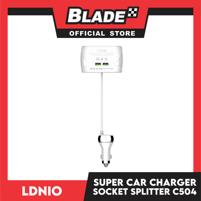 Ldnio Super Car Charger Socket Splitter C504 (White) with 3 Lighter Sockets and 4 USB Ports for Mobile Phones(Android & IOS), Recorder and Navigator