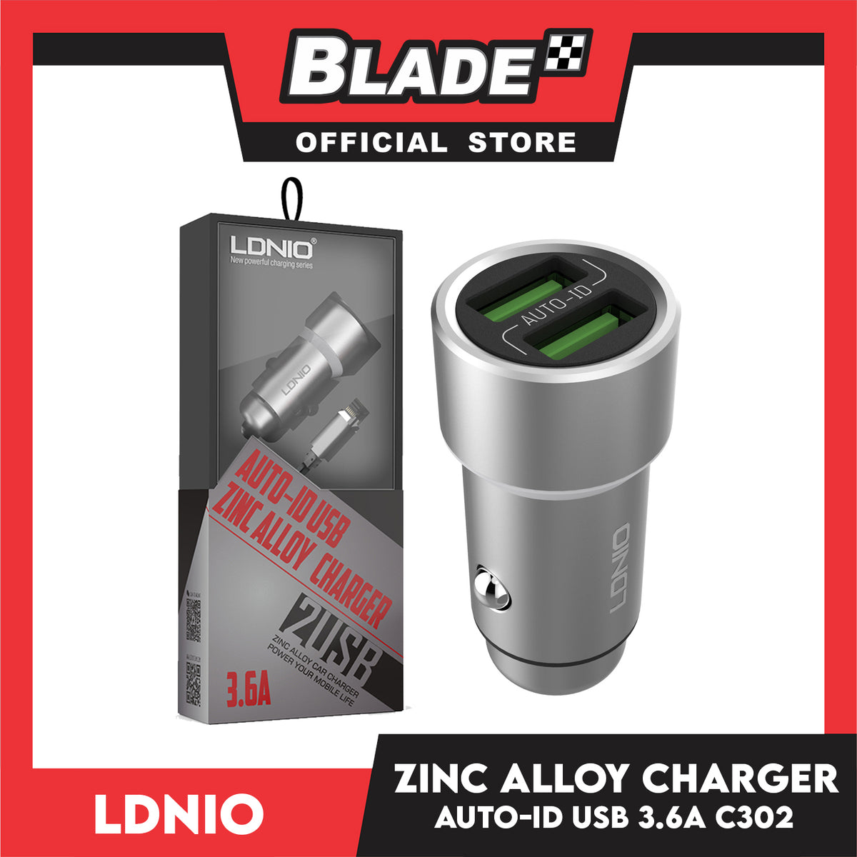 Ldnio Zinc Alloy Charger Auto-ID Dual USB 3.6A C302 for Android and iOS. Samsung, Huawei, Xiaomi, Oppo, iPhone series & iPad Series