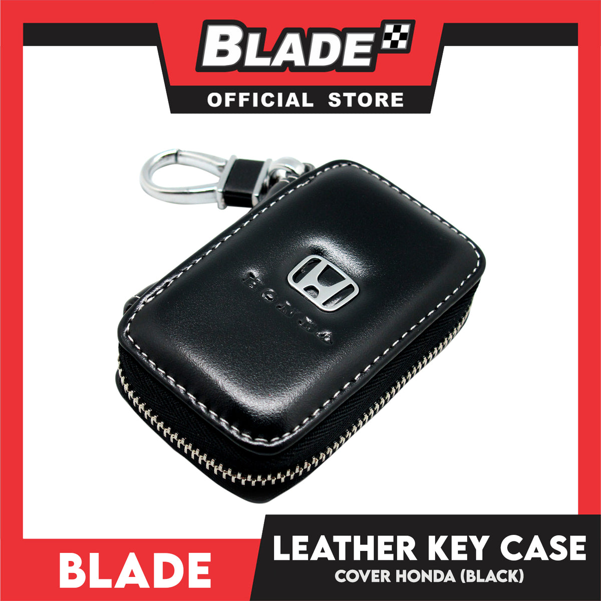 Genuine Leather Key Cover for Honda (Black) Key Case Car Key Holder Wallet with Metal Hook
