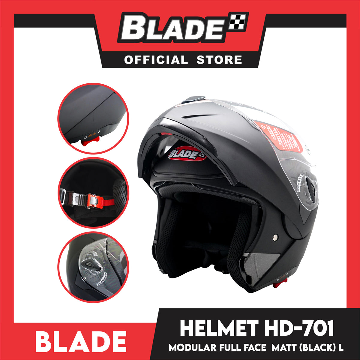 Blade Helmet Modular Full Face HD-701 Matte Black (Large)
