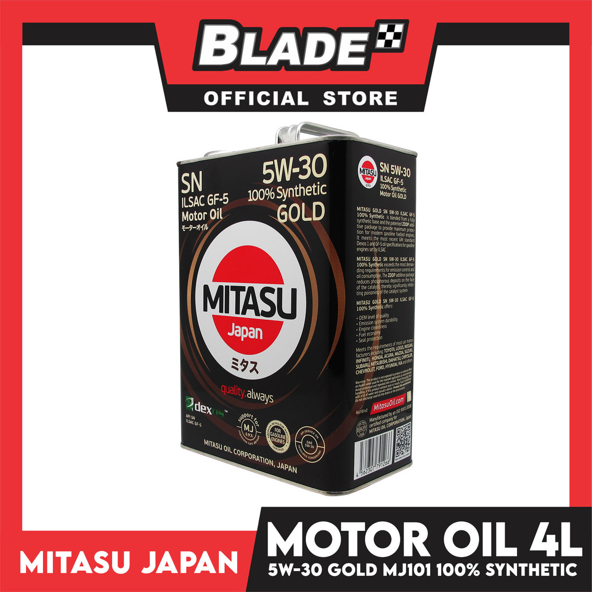 Mitasu MJ101 SN 5W-30 ILSAC GF-5 100% Synthetic Gold Motor Oil 4L for Gasoline-fuelled Engine