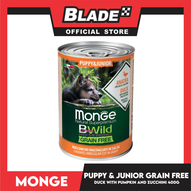 Monge Natural Superpremium BWild Feed The Instinct, Grain Free Wet Dog Food For Puppy And Junior 400g (Anatra, Duck) Chunks Irregular Cut In Gravy, Dog Canned Food