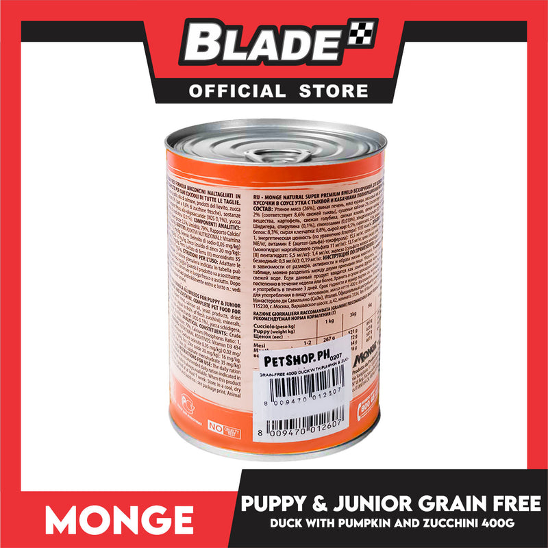 Monge Natural Superpremium BWild Feed The Instinct, Grain Free Wet Dog Food For Puppy And Junior 400g (Anatra, Duck) Chunks Irregular Cut In Gravy, Dog Canned Food