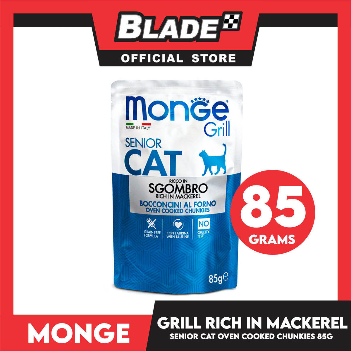 Monge Jelly Cat Pouch Grill For Senior Cats 85g (Sgombro, Rich In Mackerel) Cat Wet Food, Cat Pouch Food