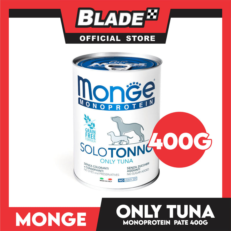 Monge Monoprotein Solo Pate Wet Dog Food, Grain Free 400g (Solo Tonno, Only Tuna) For Daily Diet Of All Breeds Puppies Canned Food