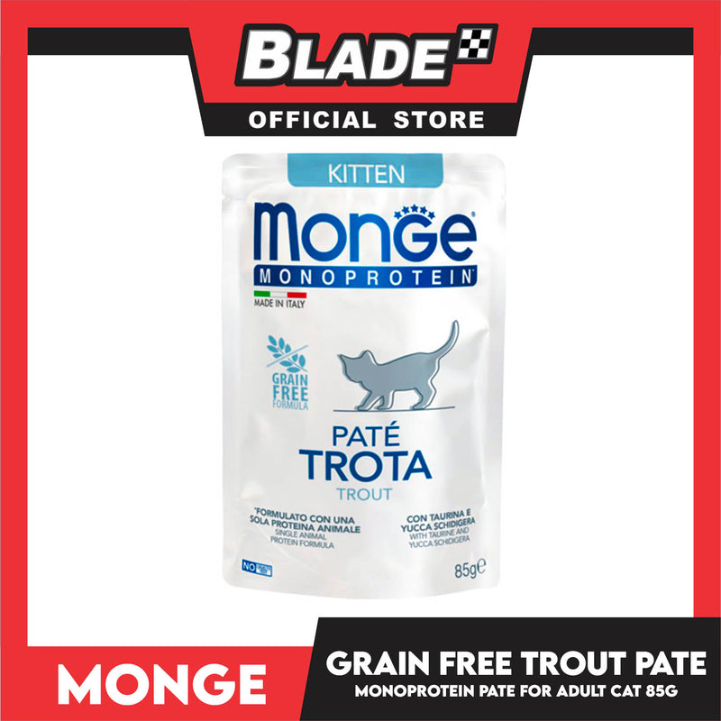 Monge Monoprotein Pate Wet Cat Food In Pouch For Kitten, Grain Free 85g (Pate Trota, Trout)