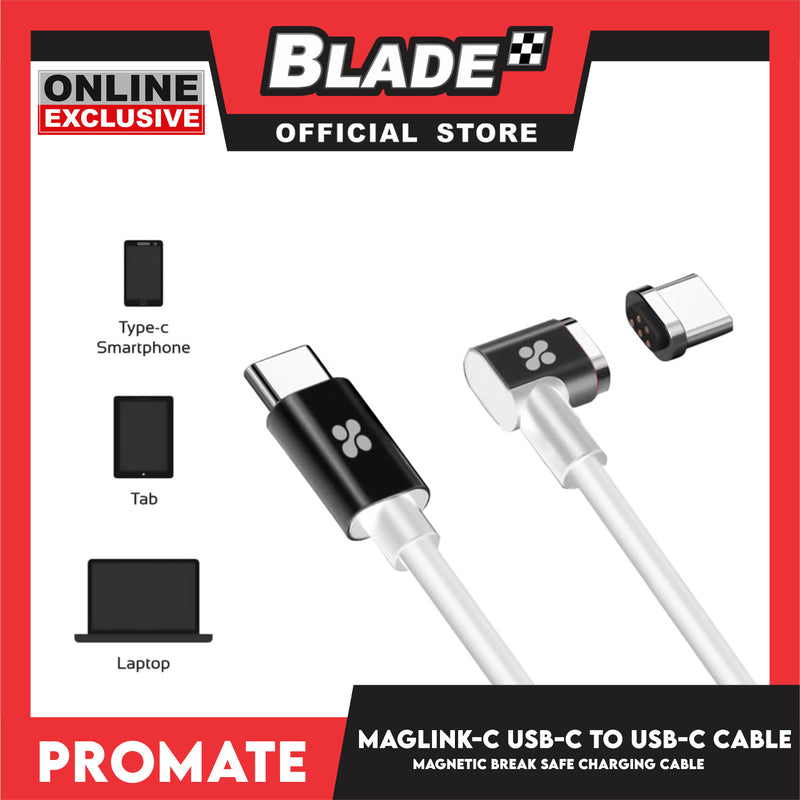 Promate 200cm USB-C to USB-C Magnetic Break Safe Charging Cable with Power Delivery MagLink-C 86W (White)