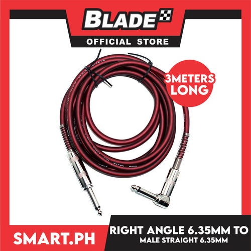 3 Meters Right Angle 6.35mm 1/4" TS to Male Straight 6.35mm 1/4" TS Electric Guitar and Bass Audio Cord Professional Instrument Cable for Microphone, Electric Guitar, Bass, Keyboard, Amplifier, Pro Audio