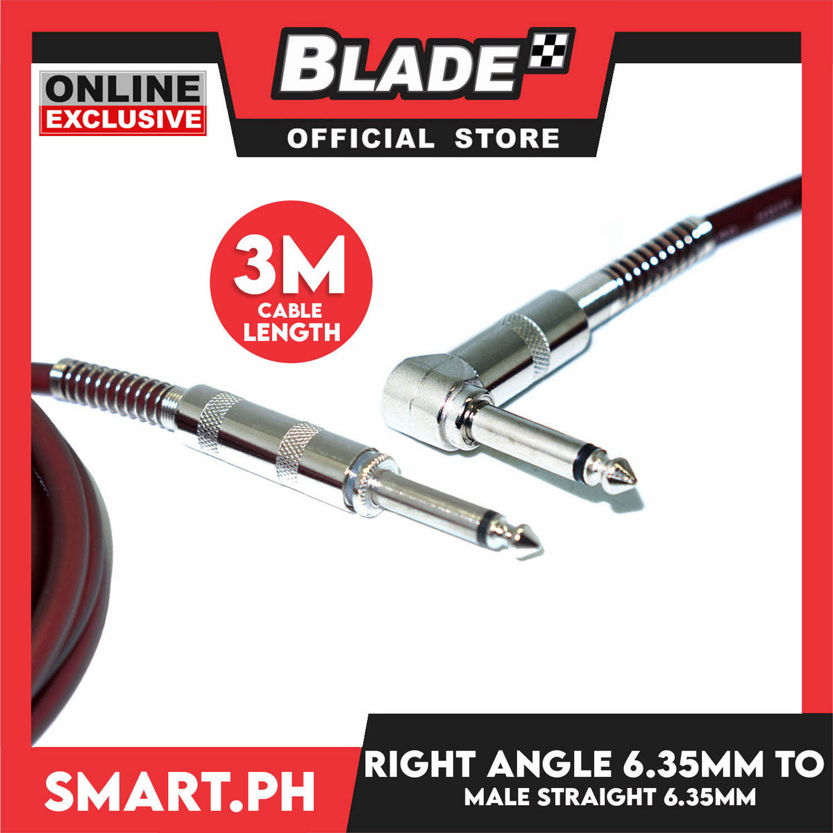 3 Meters Right Angle 6.35mm 1/4" TS to Male Straight 6.35mm 1/4" TS Electric Guitar and Bass Audio Cord Professional Instrument Cable for Microphone, Electric Guitar, Bass, Keyboard, Amplifier, Pro Audio