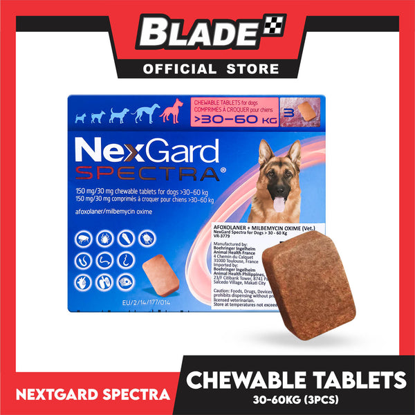 NexGard Spectra Chewable Tablets For Dogs XL 30-60kg 150mg/30mg (3 Tablets) For Dogs Protection Against Fleas, Ticks, Mites, Heartworm And Worms