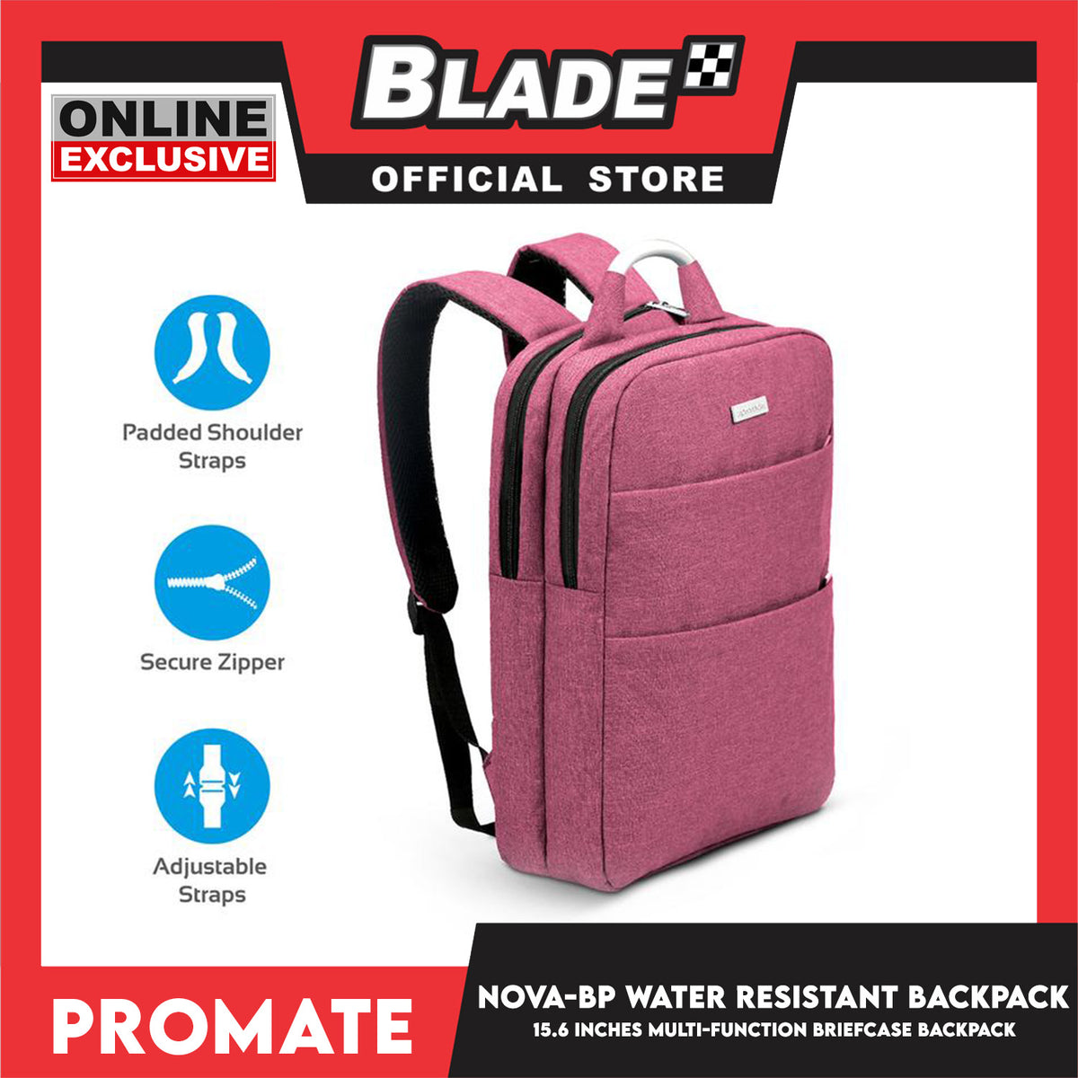 Promate 15.6'' Multi-Function Briefcase Backpack Nova-BP with Shoulder Straps and Top Handle (Red) Water Resistant Bagpack