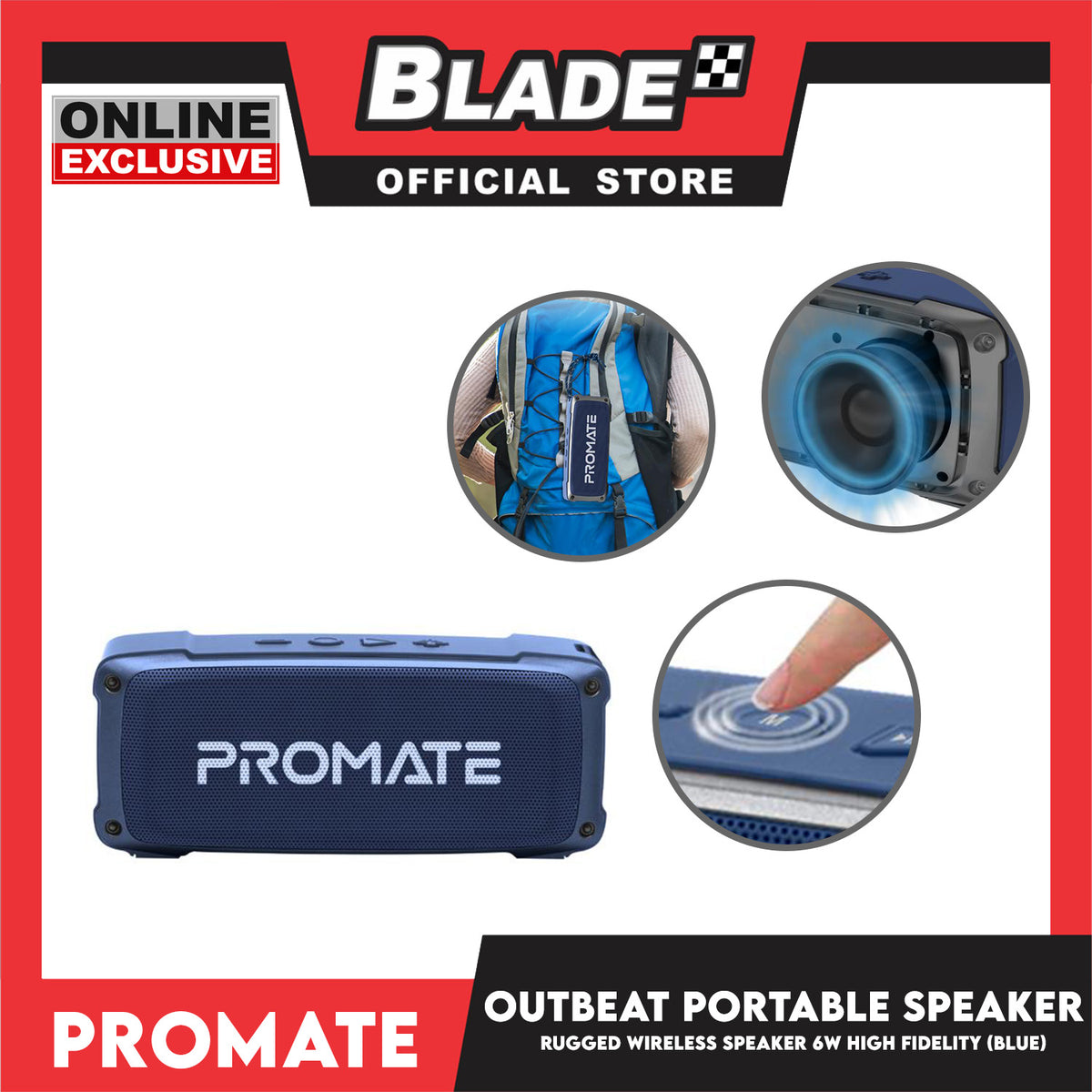 Promate Rugged Wireless Speaker 6W High Fidelity OutBeat (Blue) Portable Speaker