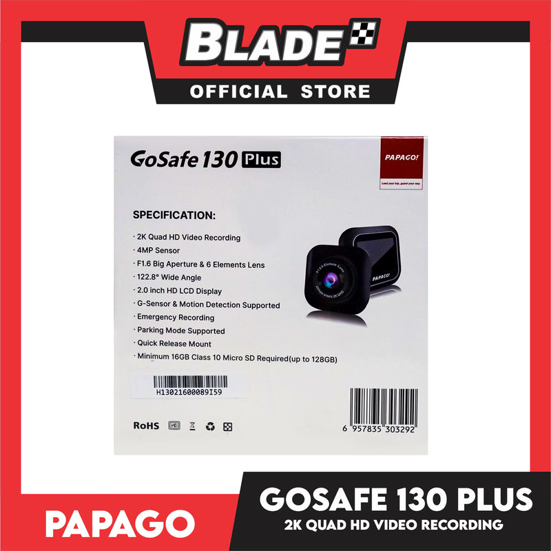 Papago! Car DVR Go Safe 130 Plus Dash Camera QHD 2560 x 1440P, F1.6 Apenture, 2.0' ' HD Screen, 16 GB Included (Black)