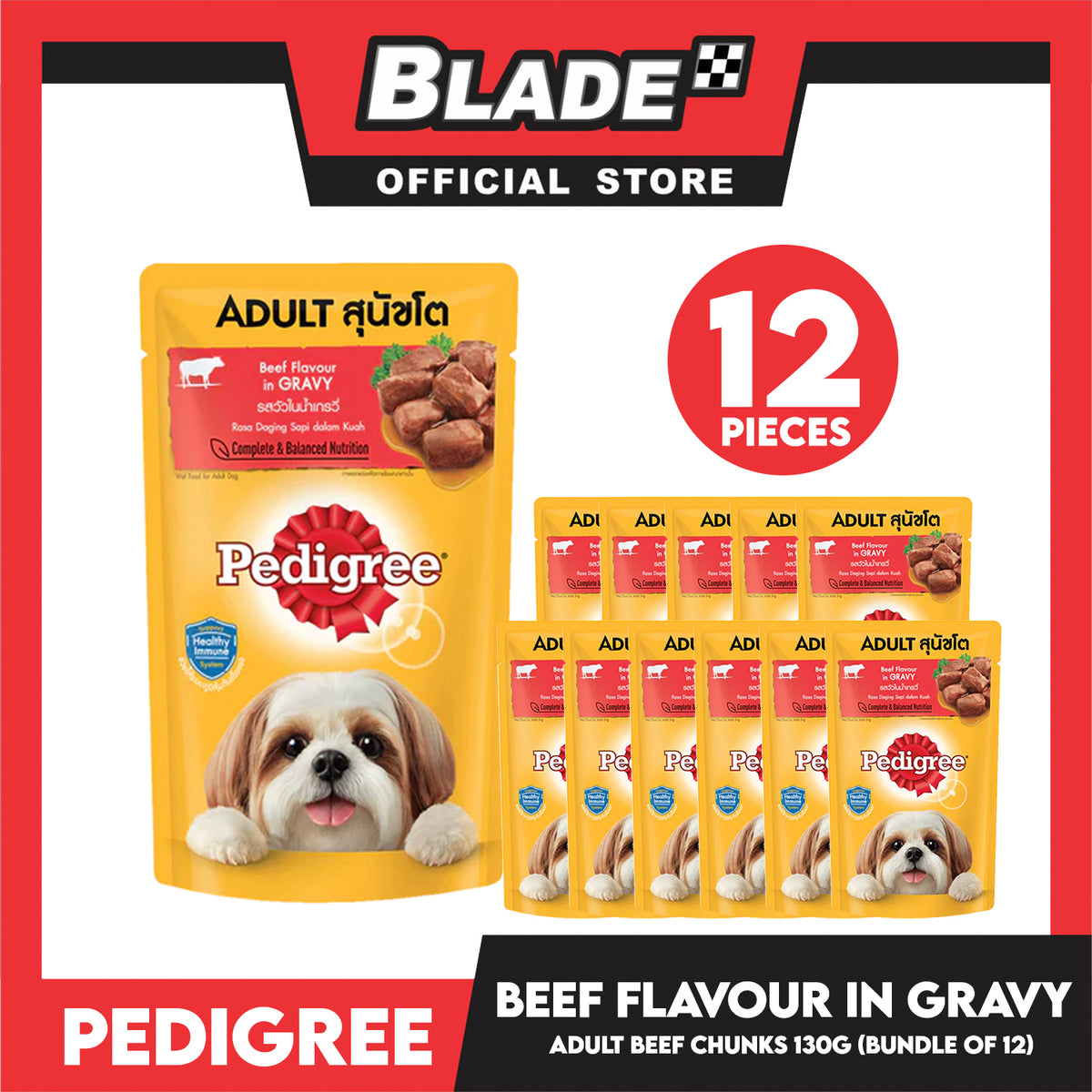 12pcs Pedigree Beef Chunks Flavor In Gravy 130g Dog Food Wet Food