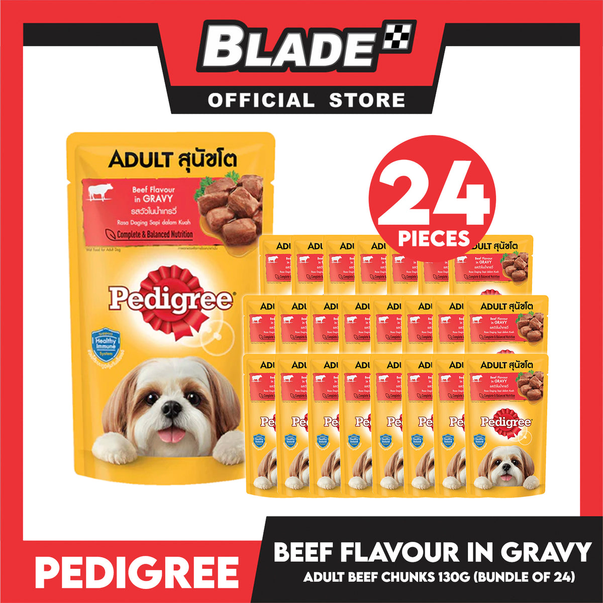24pcs Pedigree Beef Chunks Flavor In Gravy 130g Dog Food Wet Food