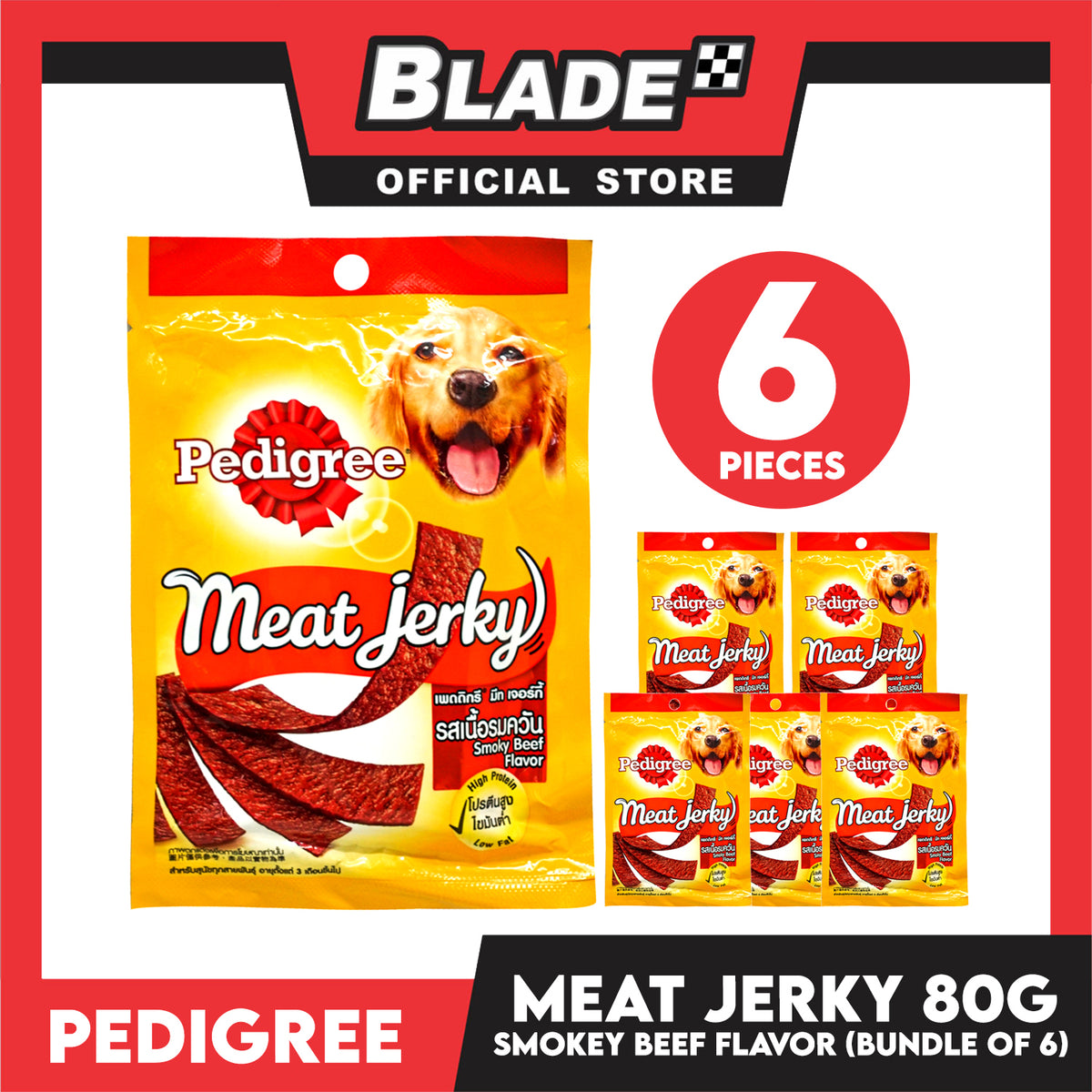 6pcs Pedigree Meat Jerky Smokey Beef Flavor 80g Dog Treats, Soft Chew