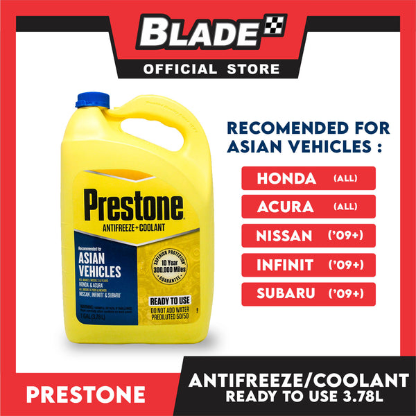 Prestone 50/50 Prediluted Antifreeze/Coolant Blue 1 Gallon Ready to Use for Asia Vehicles like Honda, Nissan, Suzuki, Subaru, Acura, Infiniti