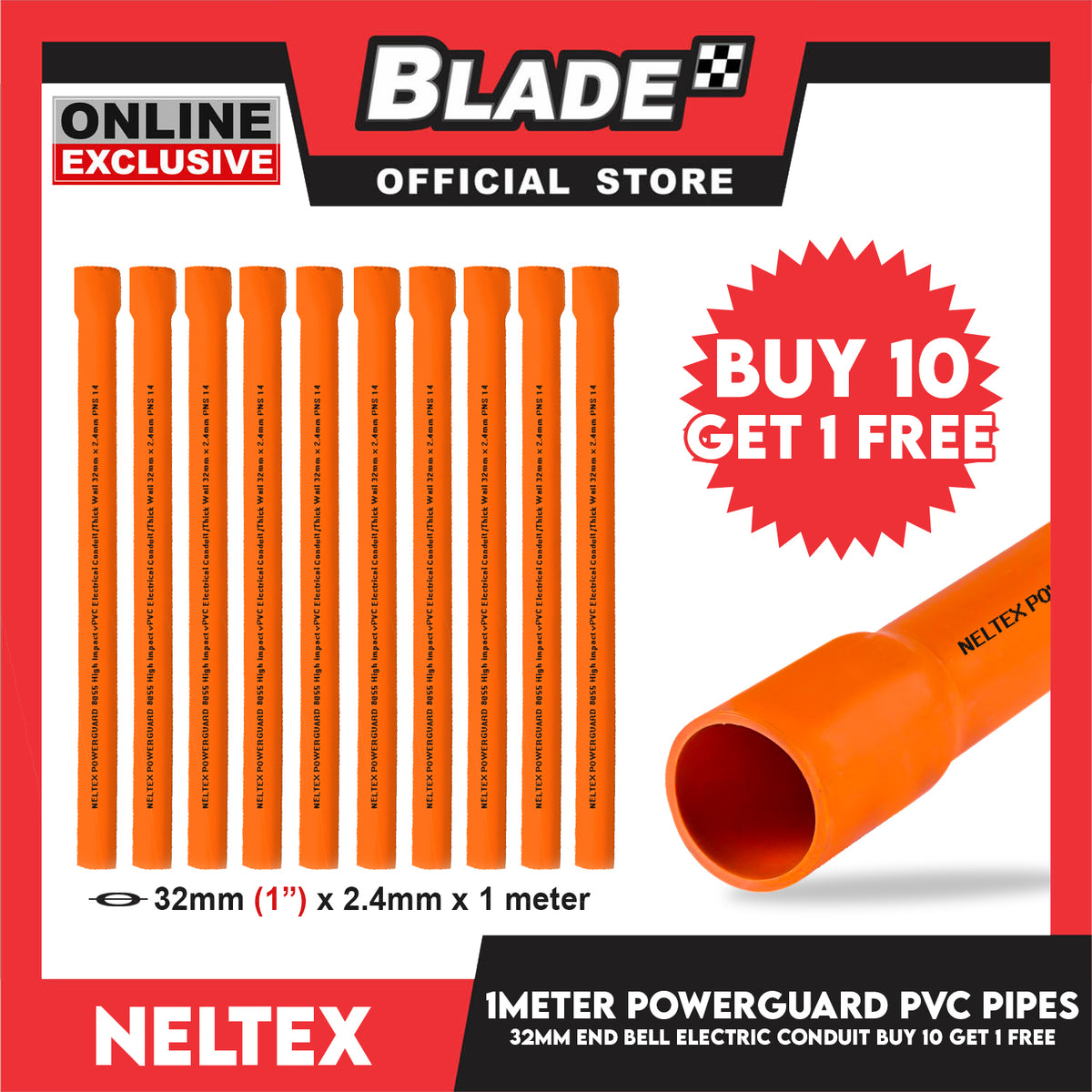 Buy 10 Get 1 Free Neltex PVC Powerguard Pipe with End Bell 32mm x 1meter Electric Conduit Pipe