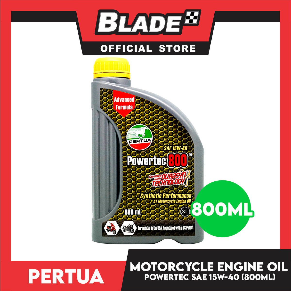 Pertua Powertec 4T Motorcycle Engine Oil SAE 15W-40 800mL Synthetic Performance Fortified with Durasyn Technology