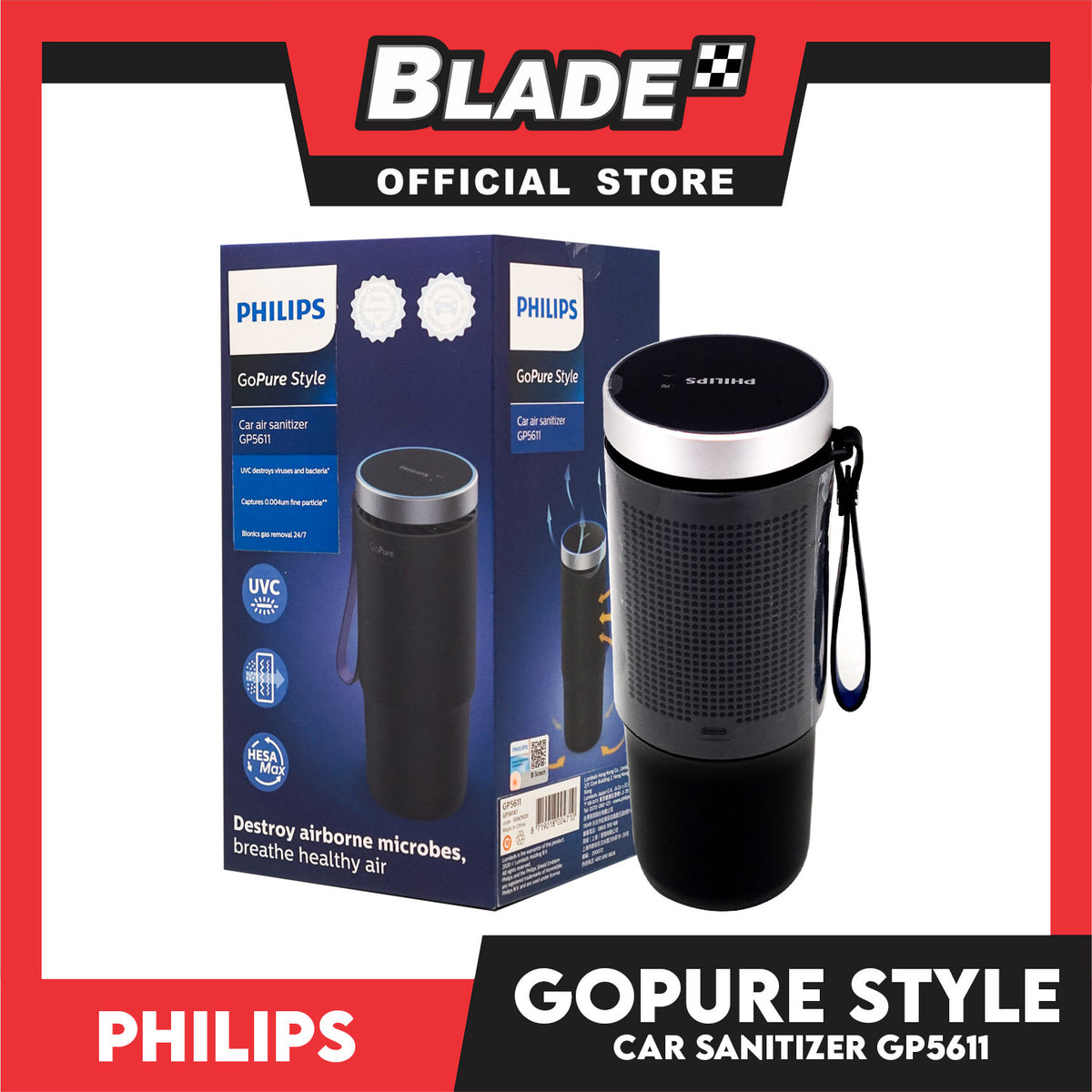 Philips GoPure Style Car Air Sanitizer GP5611 (Black) for Car Air Sanitizer Destroy Airborne Microbes