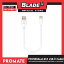 Promate 25cm USB-C Cable Anti-Tangle PowerBeam-25C (White) High Tensile Strength Data Charge 3.A Fast Charge