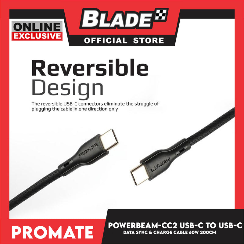 Promate 200cm Data and Charge Cable PowerBeam-CC2 60W (Black) USB-C to USB-C