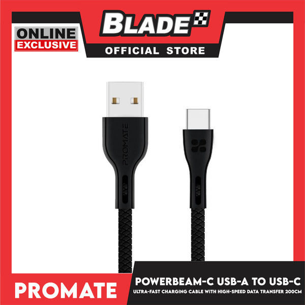 Promate 120cm Data and Charge USB-A to USB-C Cable PowerBeam-C (Black) High Tensile Strength