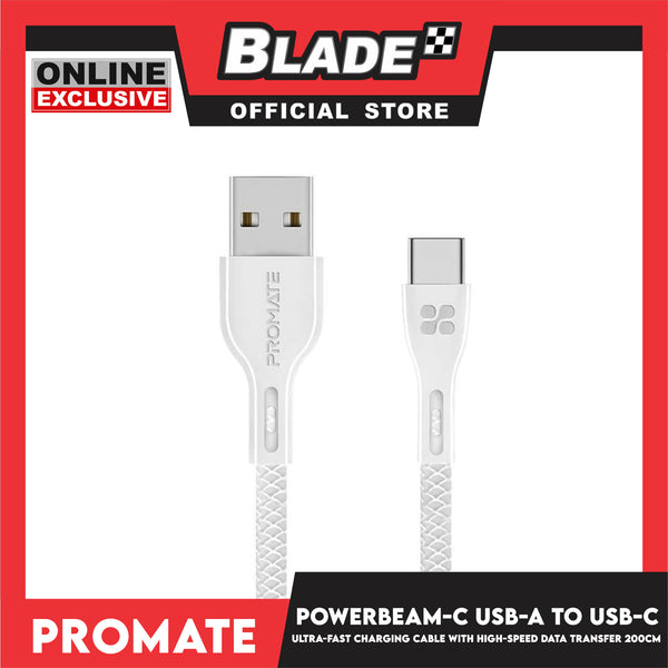 Promate 120cm Data and Charge USB-A to USB-C Cable PowerBeam-C (White) High Tensile Strength
