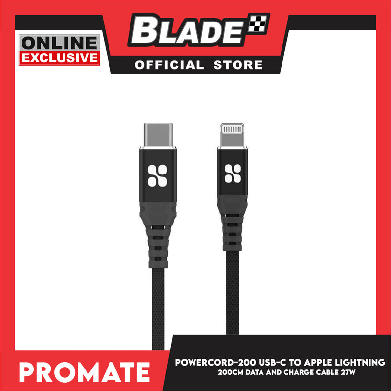 Promate 200cm USB-C to Apple Lightning Cable PowerCord-200 27W (Black) –