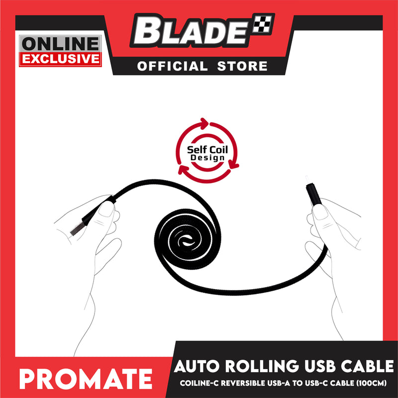Promate 1M USB-A to USB-C Cable Auto Rolling Coiline-C (Black) Highly Durable Fabric Braided USB