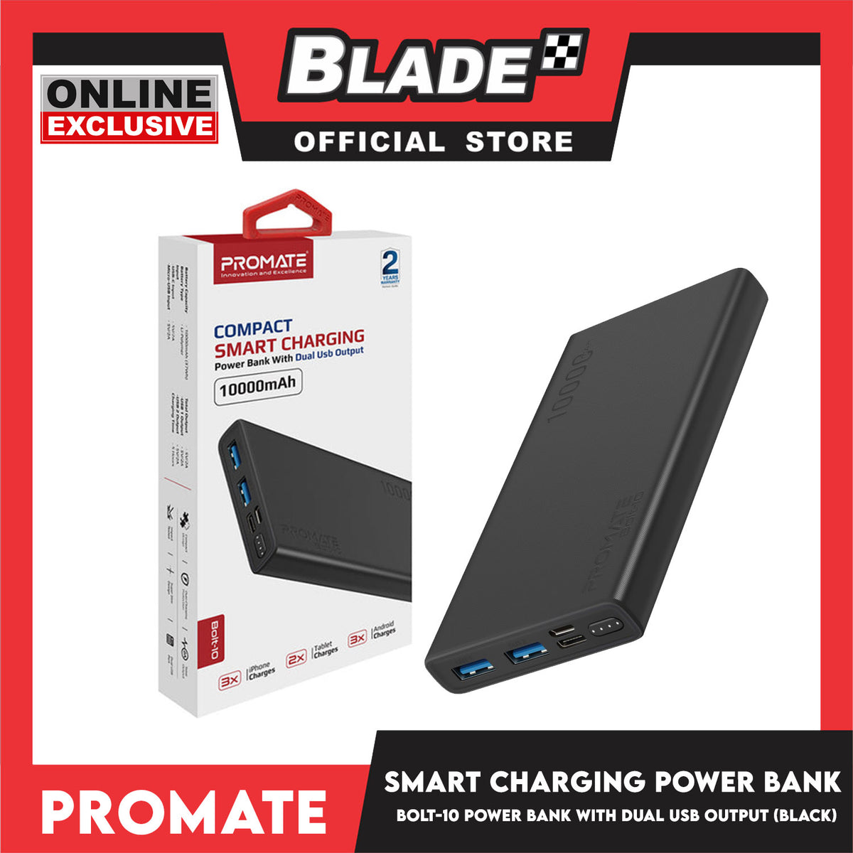 Promate Compact Smart Charging Power Bank With Dual USB Output 10000mAh Bolt-10 (Black) Innovation And Excellence