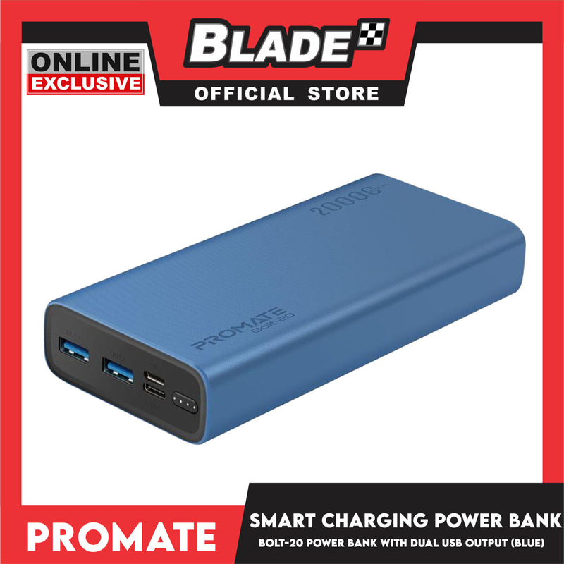 Promate Power Bank with Dual USB Output 20000mAh Bolt-20 (Blue) Compact Smart Charging