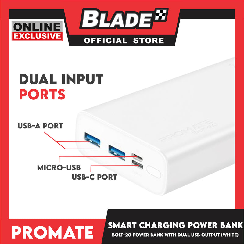 Promate Power Bank with Dual USB Output 20000mAh Bolt-20 (White) Compact Smart Charging