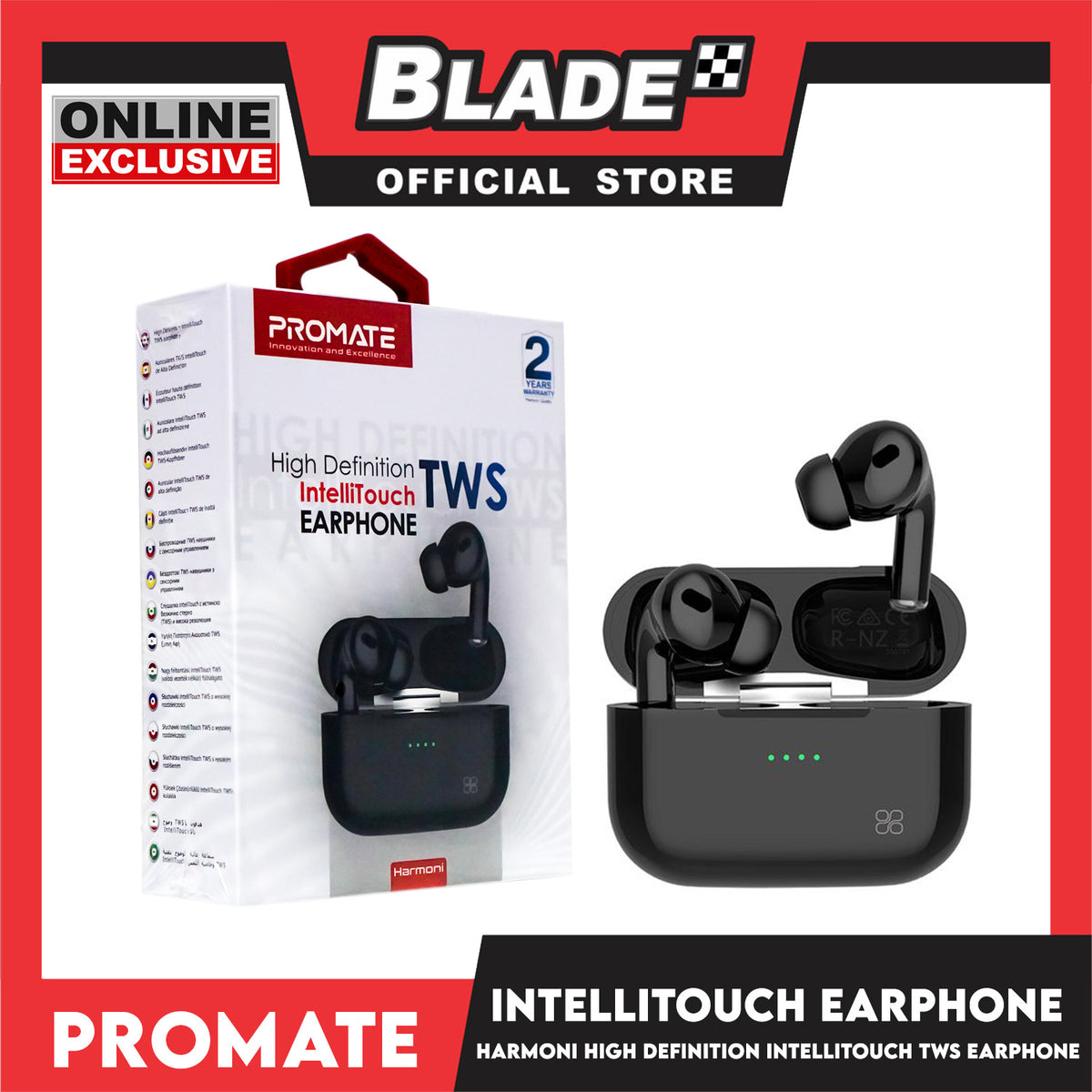 Promate Bluetooth Earphone with Charging Case 400mah Harmoni (Black) High Definition Intellitouch TWS Earphone Wireless Earbuds Headphones