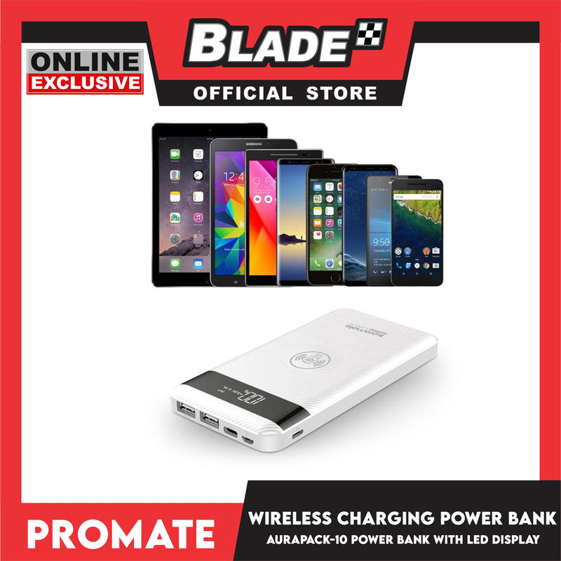 Promate Wireless Charging Power Bank with LED Display 10000mAh Aurapack-10 (White)