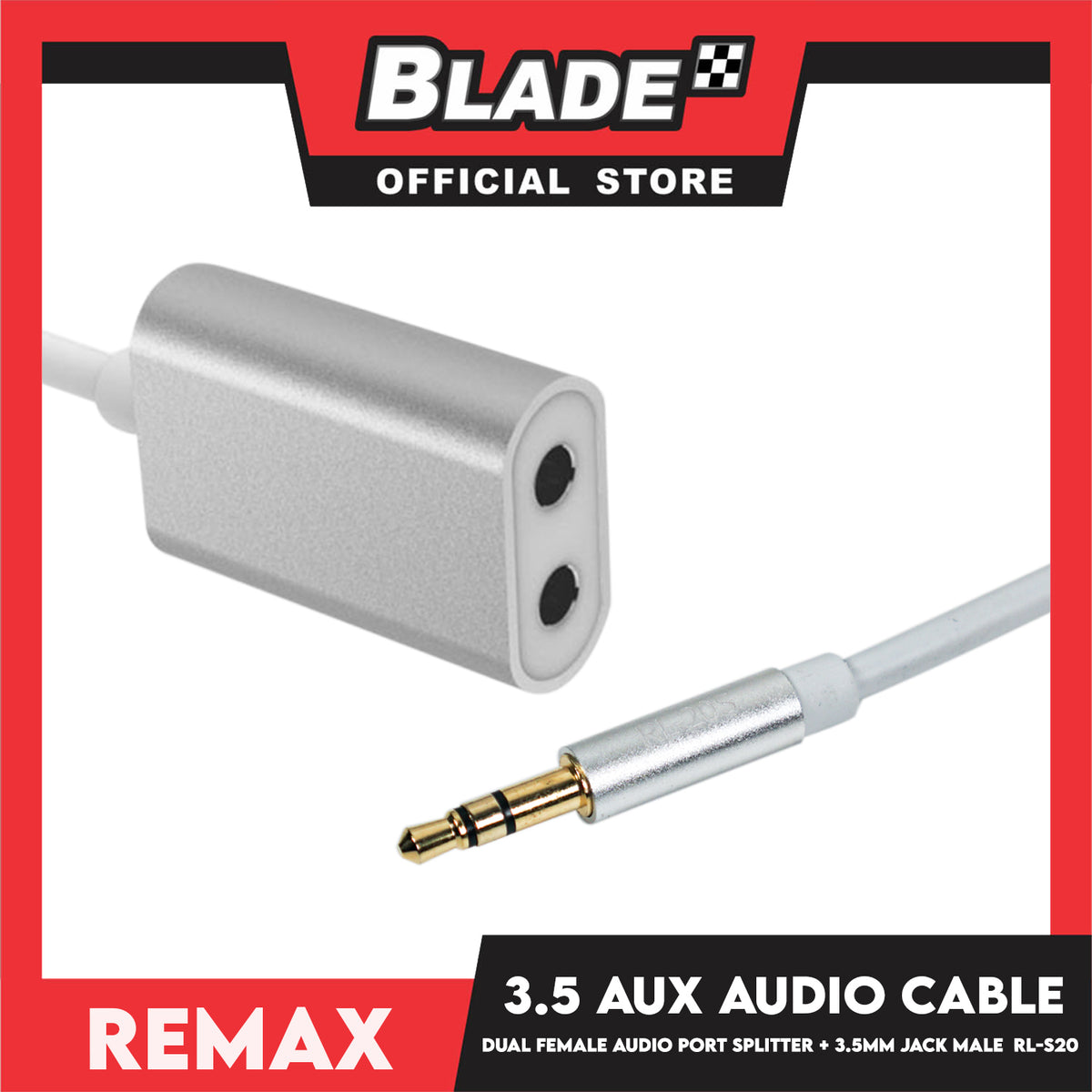 Remax 3.5mm Aux Audio Cable, 2 Port Audio Jack RL-S20 (White with Silver) 25cm Audio Sharing Cable