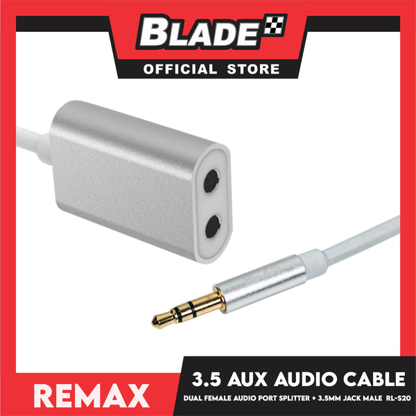 Remax 3.5mm Aux Audio Cable, 2 Port Audio Jack RL-S20 (White with Silver) 25cm Audio Sharing Cable