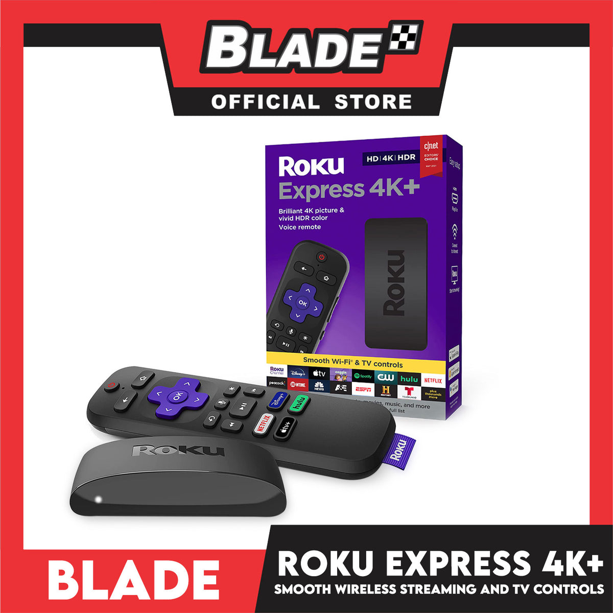 Roku Express 4K+ 2021 Streaming Media Player HD4K/HDR with Smooth Wireless Streaming and Roku Voice Remote with TV Controls, Includes Premium HDMI Cable