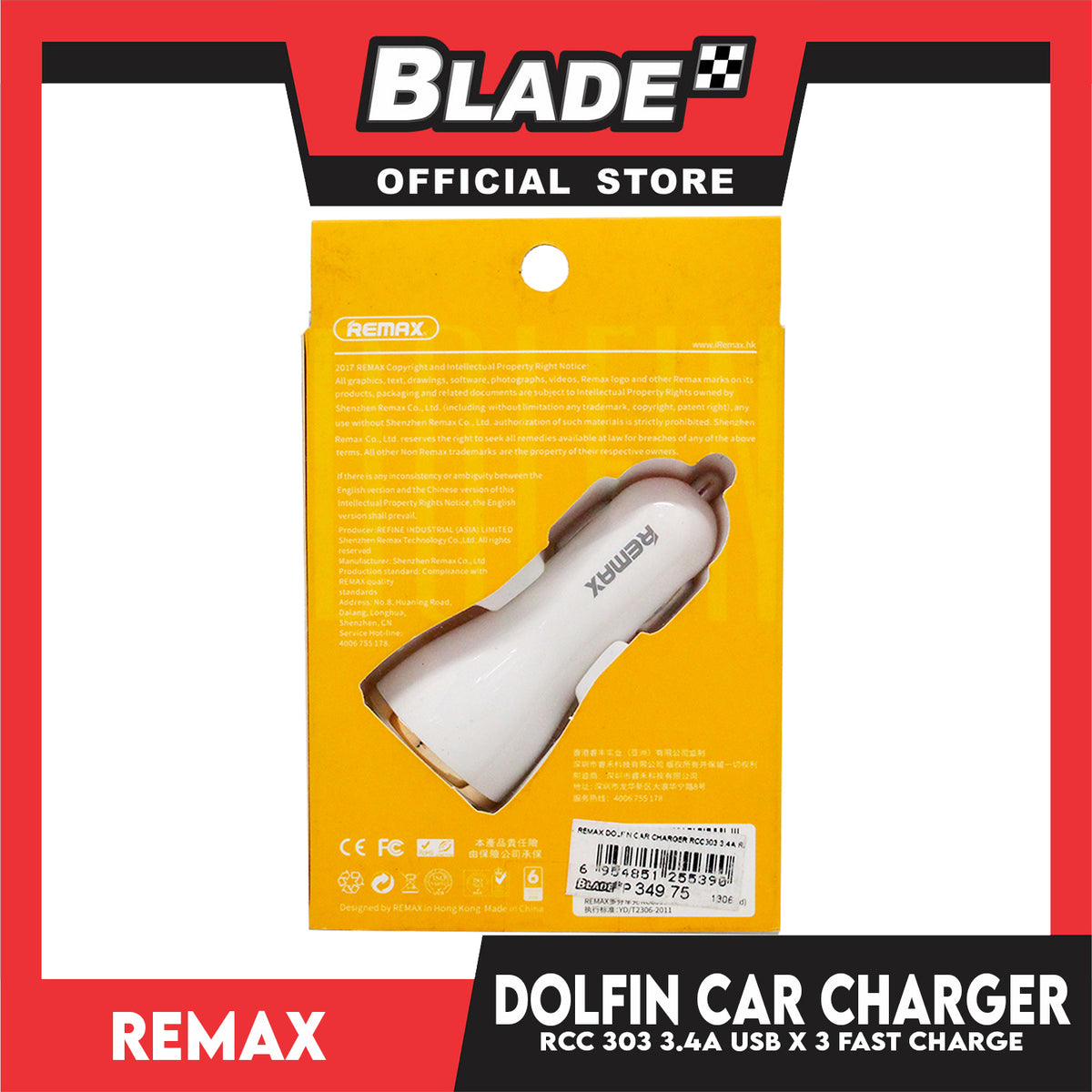 Remax Car Charger Dolfin RC-C303 3.4A USB X 3 for Android & iOS. Samsung, Huawei, Xiaomi, Oppo, iPhone series, iPad Series. Also compatible to other various digital devices