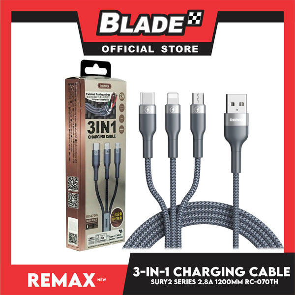 Remax Charging Cable 3-in-1 2A 1200mm RC-070th Type-C, Micro-Device & iPhone (Silver) for Mobile phone, Smart Phone, Tablet, iPhone, iPad, 3 in 1