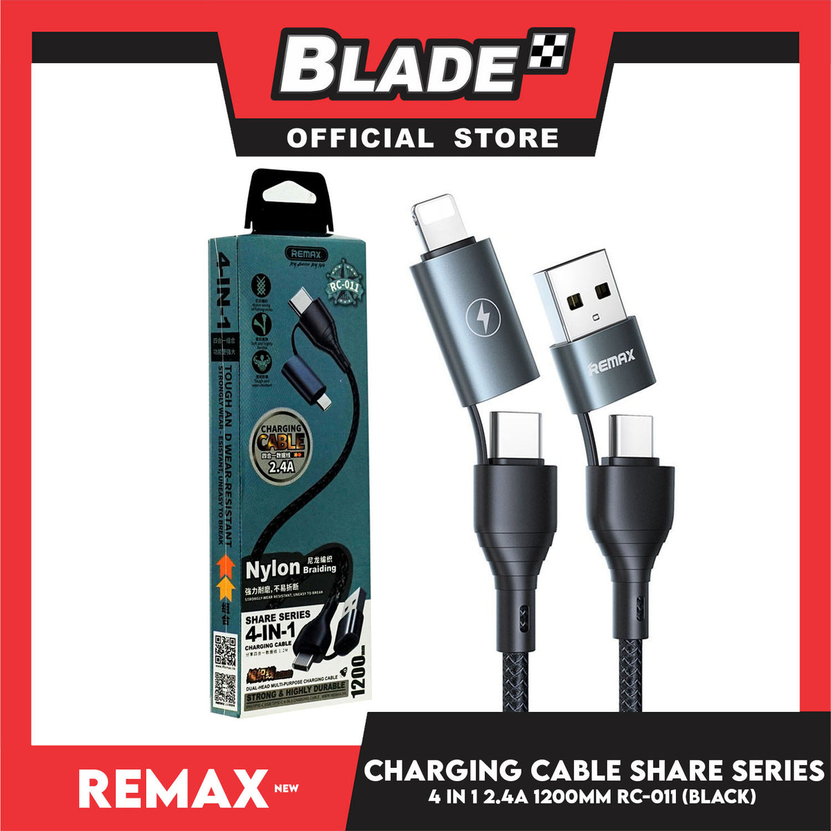 Remax Charging Cable Share Series 4in1 2.4A 1200mm RC-011 Multi-Head Charger Lightning, For Mobile Devices