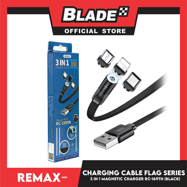 Remax Data Cable Flag Series Magnetic Charging Cable 3in1 RC-169th 1000mm Android, Type-C and Lightning (Black) Suitable for Micro-Device, Smart Phone, Tablets, iPad and iPhone Series