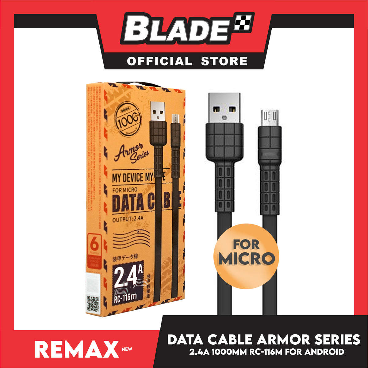 Remax Data Cable Armor Series 2.4A 1000mm RC-116m for Android (Black) Compatible with Samsung Galaxy S7 Edge/S7/S6, HTC, LG, Sony, Xbox One, PS4 & More