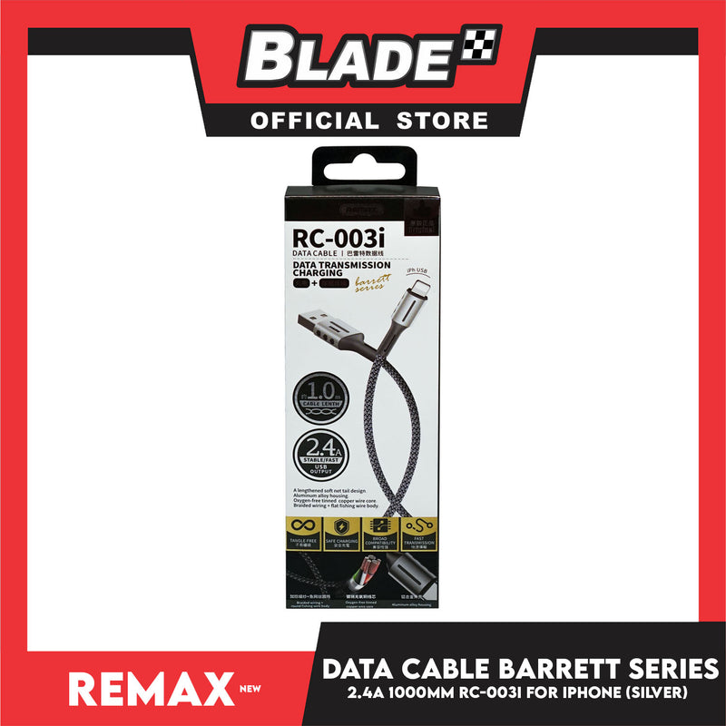 Remax Data Cable Barrett Series 2.4A 1000mm RC-003i for iPhone (Silver) Compatible with iPhone Xs Max/XR/X/8/8 Plus/7/7+/6/6S Plus/5S/5 & iPad Series