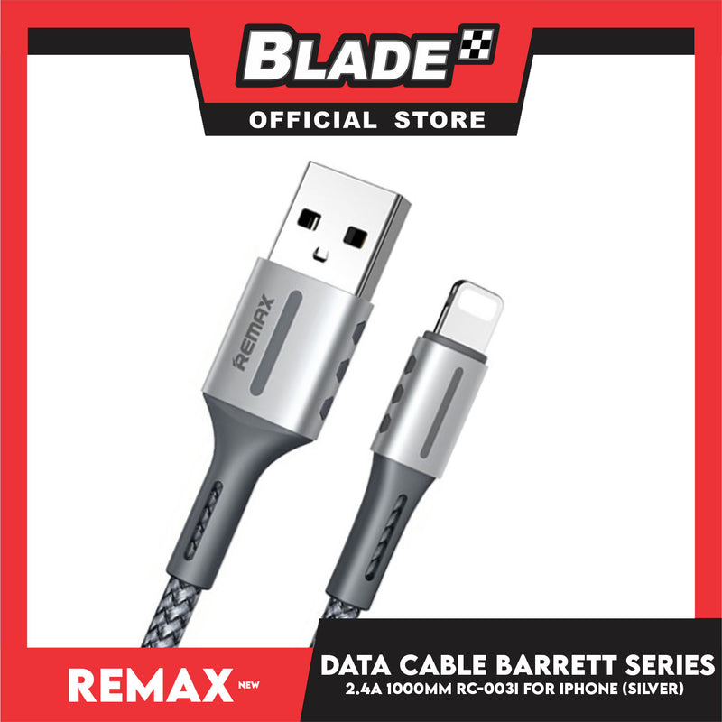 Remax Data Cable Barrett Series 2.4A 1000mm RC-003i for iPhone (Silver) Compatible with iPhone Xs Max/XR/X/8/8 Plus/7/7+/6/6S Plus/5S/5 & iPad Series