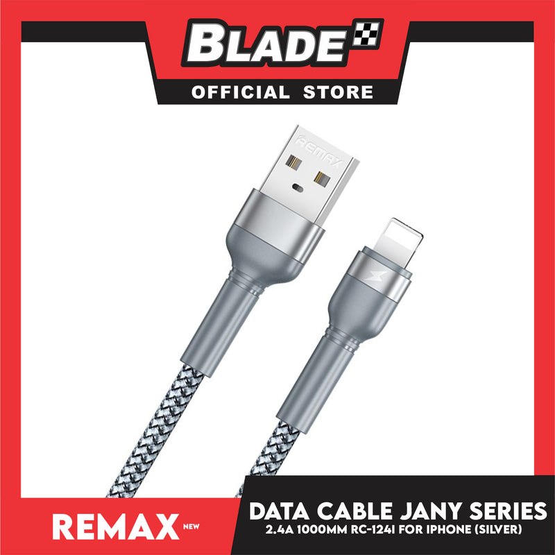 Remax Data Cable Jany Series 2.4A 1000mm RC-124i for iPhone (Silver) Compatible with iPhone Xs Max/XR/X/8/8 Plus/7/7+/6/6S Plus/5S/5 & iPad Series