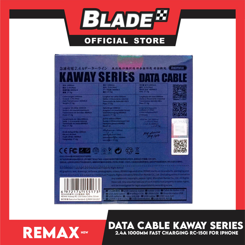 Remax Data Cable Kaway Series 2.4A 1000m RC-150i for iPhone (Grey) Compatible with iPhone Xs Max/XR/X/8/8 Plus/7/7+/6/6S Plus/5S/5 & iPad Series