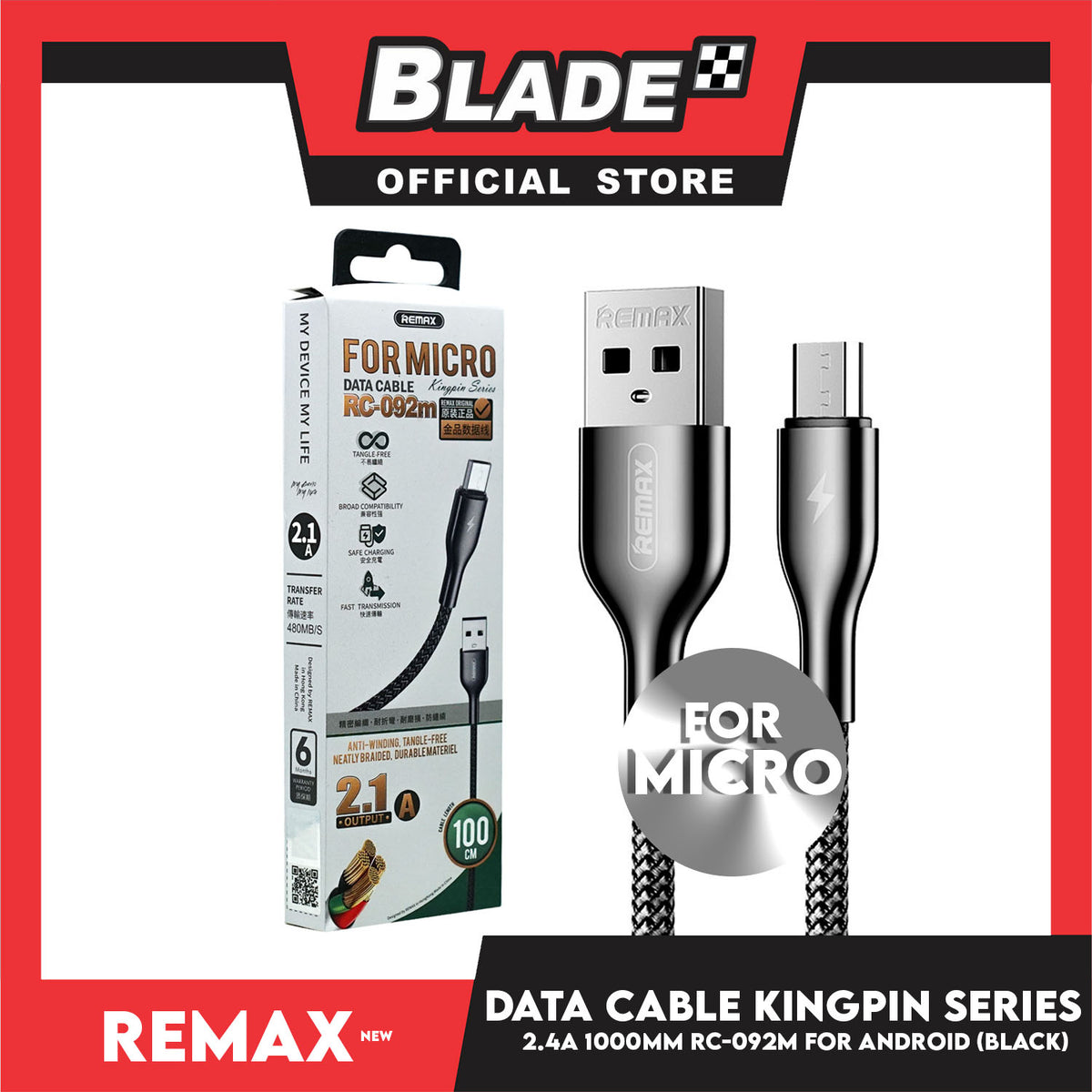 Remax Data Cable Kingpin Series 2.1A 1000mm RC-092m for Android (Black) Compatible with Samsung Galaxy S7 Edge/S7/S6, HTC, LG, Sony, Xbox One, PS4 & More